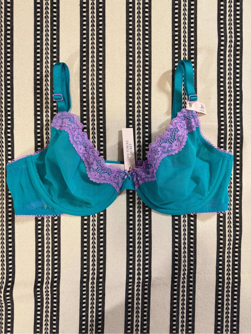 Victoria's Secret Unlined Teal Bra with Lavender Lace Trim Accents, 36C, NWT
